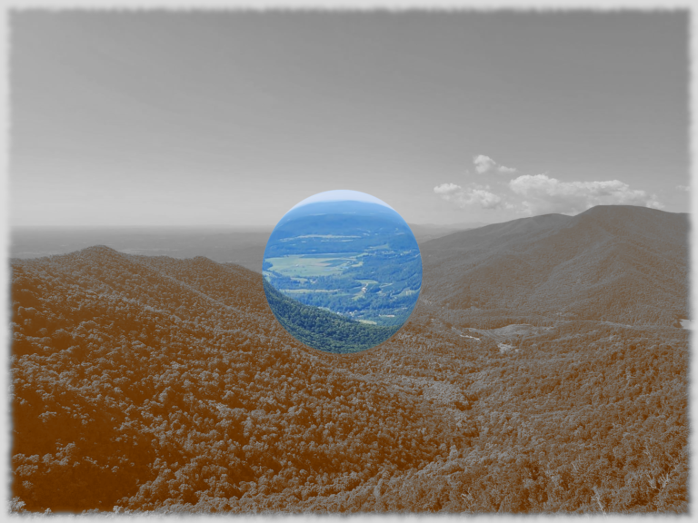 A mostly sepia photo, with a small section of the photo having a focus lens in the center. That is where we draw our attention!